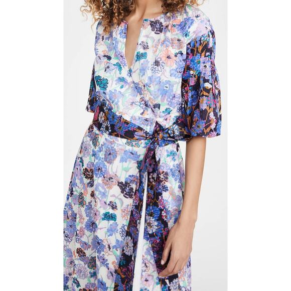 Tanya Taylor NWT Frida Tie Waist Cotton Mixed Meadow Blue Floral Wrap Midi Dress - Picture 4 of 15
